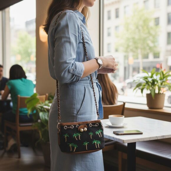 Palm Tree Embroidered Shoulder Bag Brown Strap Small Crossbody Purse Summer - Picture 1 of 10